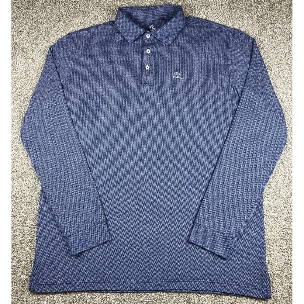 Rhoback Mens XL Long Sleeve Polo Shirt Navy Blue Herringbone Performance Stretch